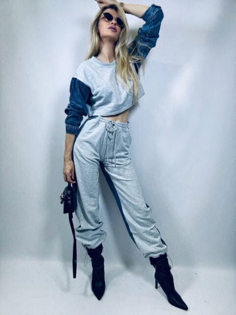 DRES SZARY POŁĄCZONY Z JEANSEM DENIM SCIAGACZE