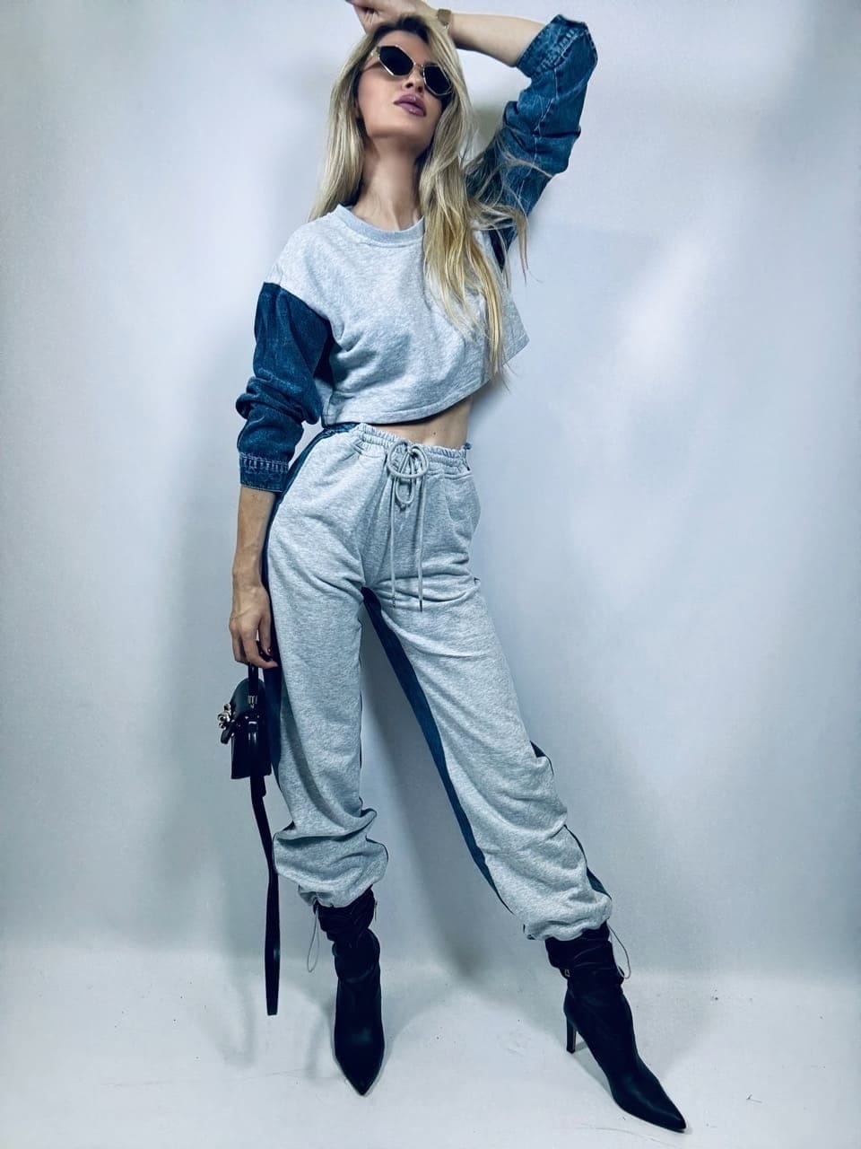 DRES SZARY POŁĄCZONY Z JEANSEM DENIM SCIAGACZE