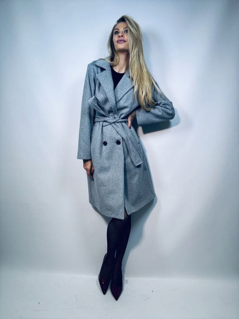 PLASZCZ JESIENNY SZARY Z PASKIEM WIAZANY